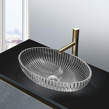 Arezzo Clear Diamond Cut Glass Oval Countertop Basin - 510 x 345mm