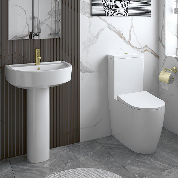 Arezzo Compact BTW Close Coupled Toilet with Soft Close Seat (Brushed Brass Flush + Hinges)