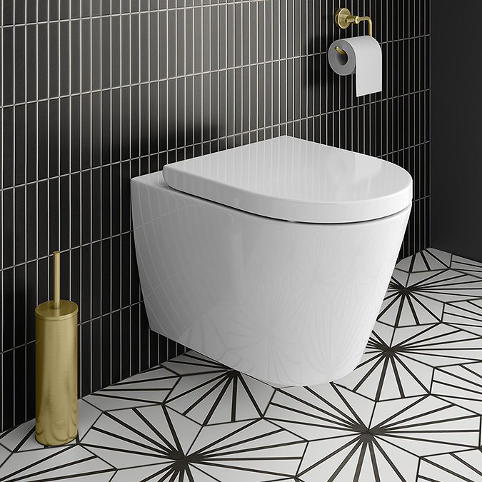 Arezzo Compact Toilet Frame with Wall Hung Toilet, Brushed Brass Flush Plate and Hinges