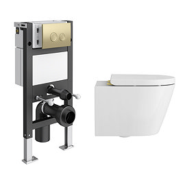 Arezzo Compact Toilet Frame with Wall Hung Toilet, Brushed Brass Flush Plate and Hinges