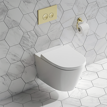Arezzo Compact Toilet Frame with Wall Hung Toilet, Brushed Brass Flush Plate and Hinges