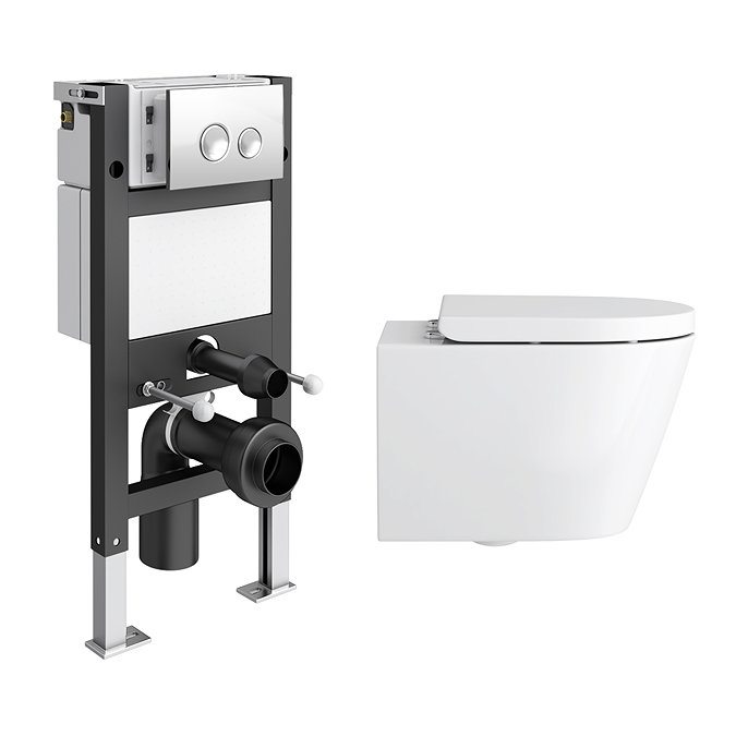 Arezzo Compact Toilet Frame with Wall Hung Toilet, Chrome Flush Plate and Hinges