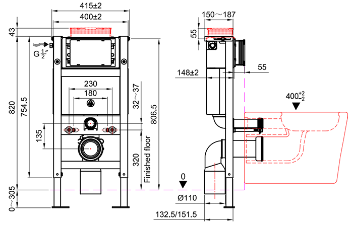 Arezzo Compact Toilet Frame with Wall Hung Toilet, Chrome Flush Plate and Hinges