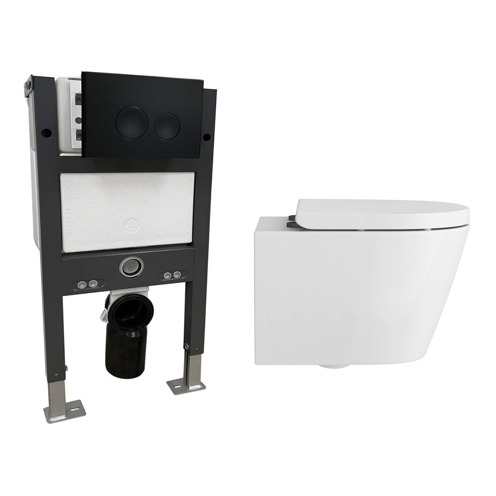 Arezzo Compact Toilet Frame with Wall Hung Toilet, Matt Black Flush