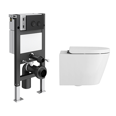 Arezzo Compact Toilet Frame with Wall Hung Toilet, Matt Black Flush Plate and Hinges