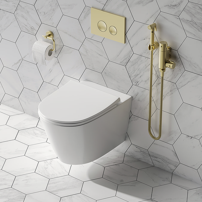 Arezzo Compact Toilet Frame with Wall Hung WC, Brushed Brass Flush, Hinges + Douche Kit