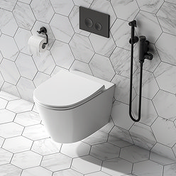 Arezzo Compact Toilet Frame with Wall Hung WC, Matt Black Flush, Hinges + Douche Kit