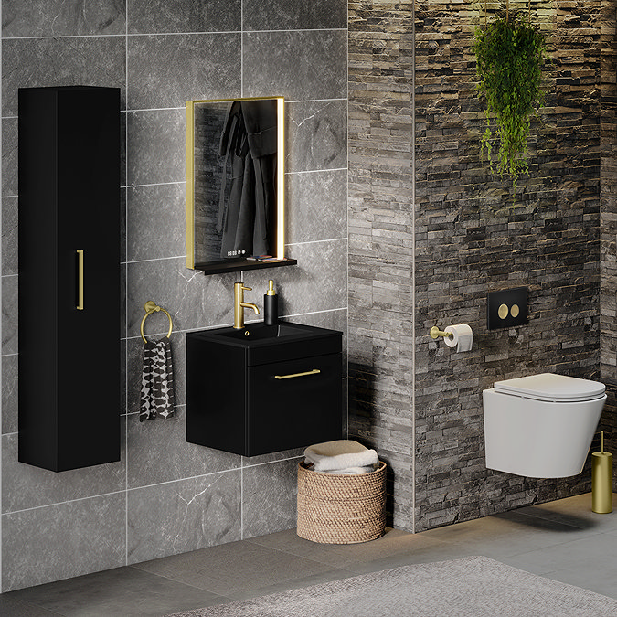 Arezzo Compact Top/Front Flush Toilet Frame with Matt Black & Brushed Brass Flush - Round Buttons