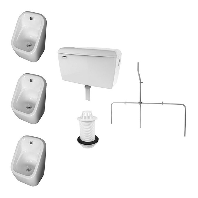 Arezzo Concealed Urinal Pack with 3 x Urinal Bowls + 2 x Chrome Frame Glass Partitions  Profile Larg