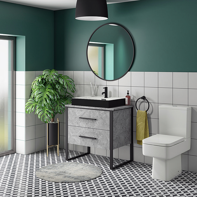 Arezzo Countertop Basin Unit - Concrete-Effect with Black Frame - 800mm inc. Gloss Black Basin Prof