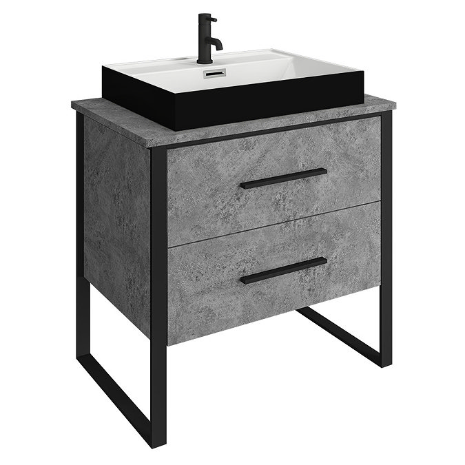 Arezzo Countertop Basin Unit - Concrete-Effect with Black Frame - 800mm inc. Gloss Black Basin Large