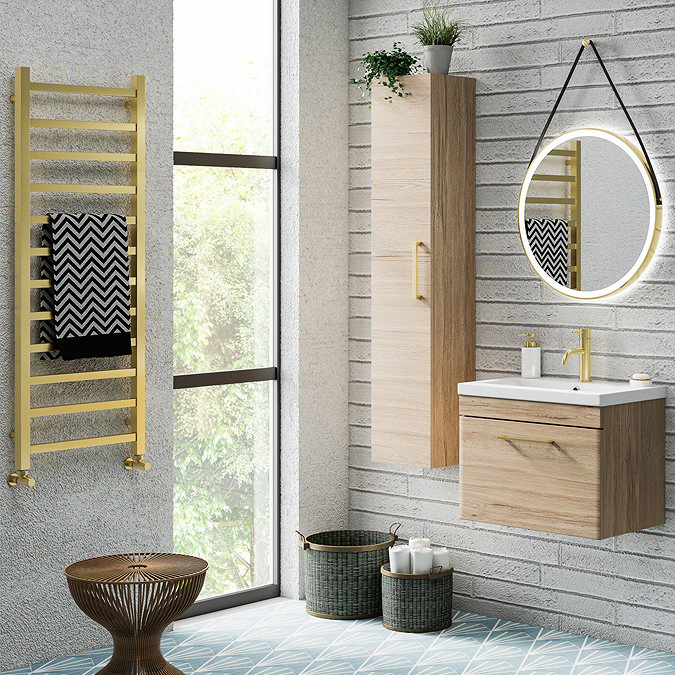 Arezzo Cube Brushed Brass 1200 x 500 Heated Towel Rail  In Bathroom Large Image