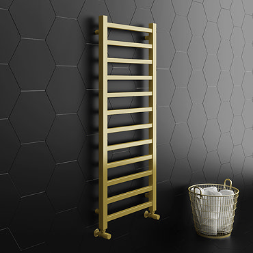 Arezzo Cube Brushed Brass 1200 x 500 Heated Towel Rail  Feature Large Image
