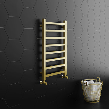 Arezzo Cube Brushed Brass 800 x 500 Heated Towel Rail  Feature Large Image