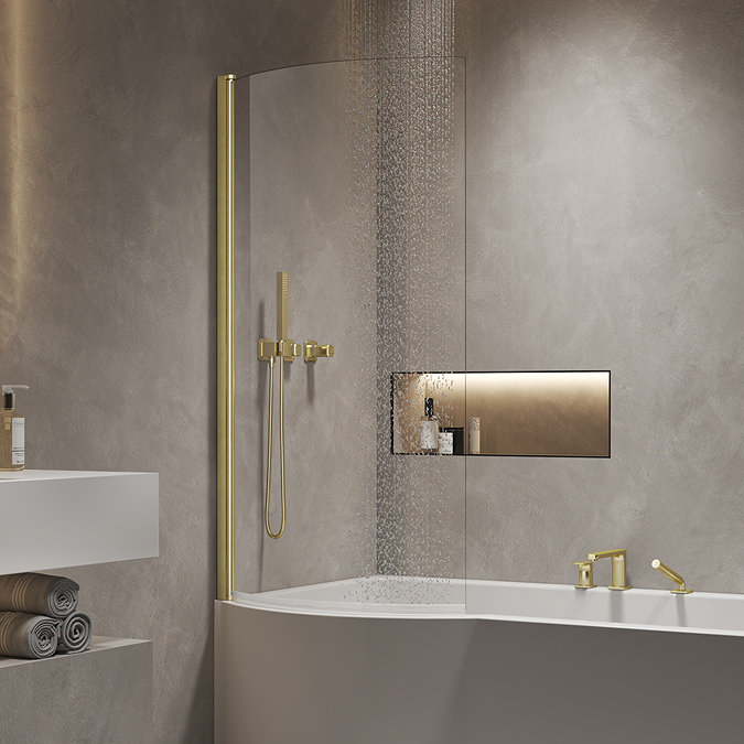 Arezzo Curved P-Shaped Bath Screen – Brushed Brass