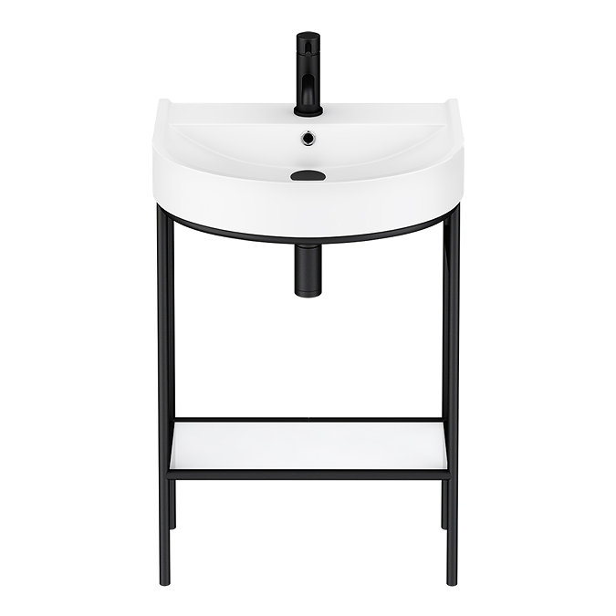 Arezzo D Shape Curved Matt Black Washstand with Gloss White Open Shelf and Basin  Profile Large Imag