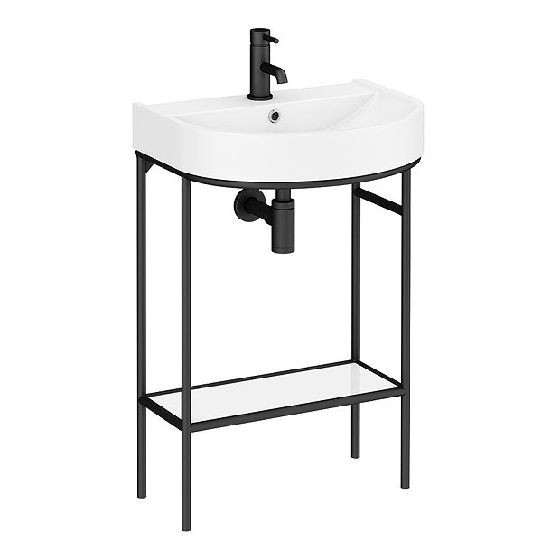 Arezzo D Shaped Curved Matt Black Washstand with Gloss White Open Shelf and Basin  Feature Large Image