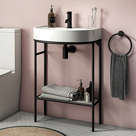 Arezzo D Shaped Curved Matt Black Washstand with Gloss White Open Shelf and Basin Medium Image