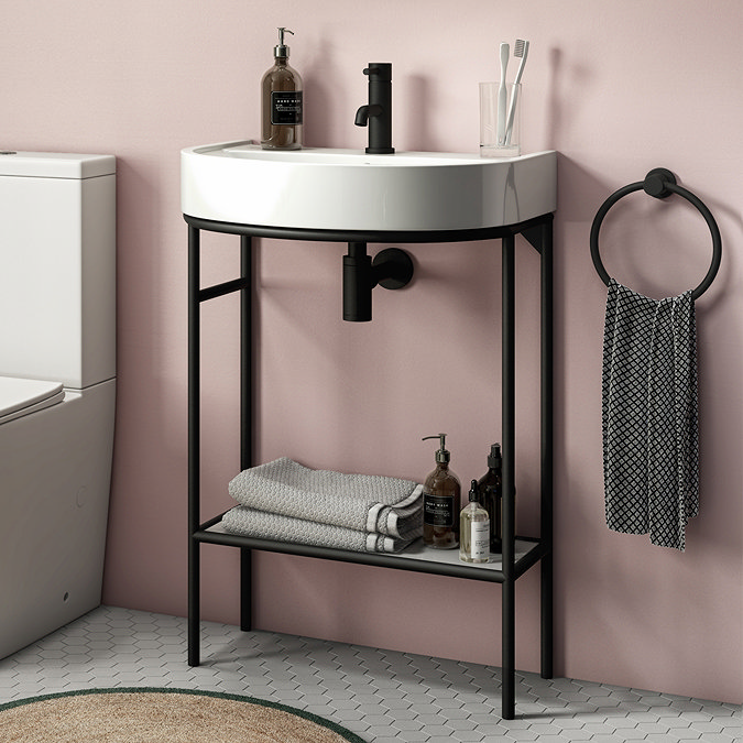 Arezzo D Shaped Curved Matt Black Washstand with Gloss White Open Shelf and Basin Large Image