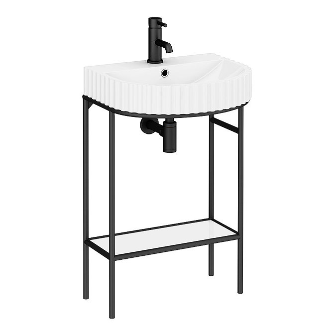 Arezzo D Shaped Matt Black Washstand with Gloss White Open Shelf and Fluted Basin  Feature Large Image