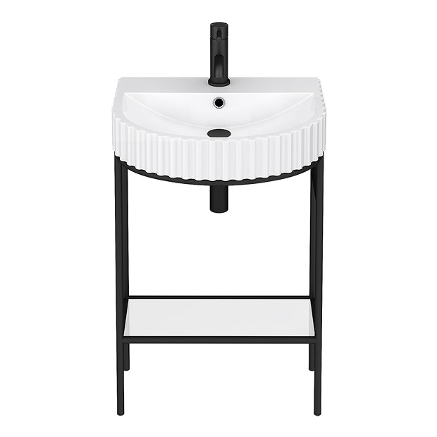 Arezzo D Shape Matt Black Washstand with Gloss White Open Shelf and Fluted Basin  Profile Large Imag