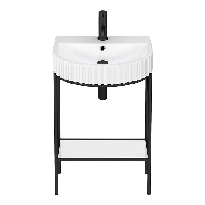 Arezzo D Shape Matt Black Washstand with Gloss White Open Shelf and Fluted Basin  Profile Large Imag