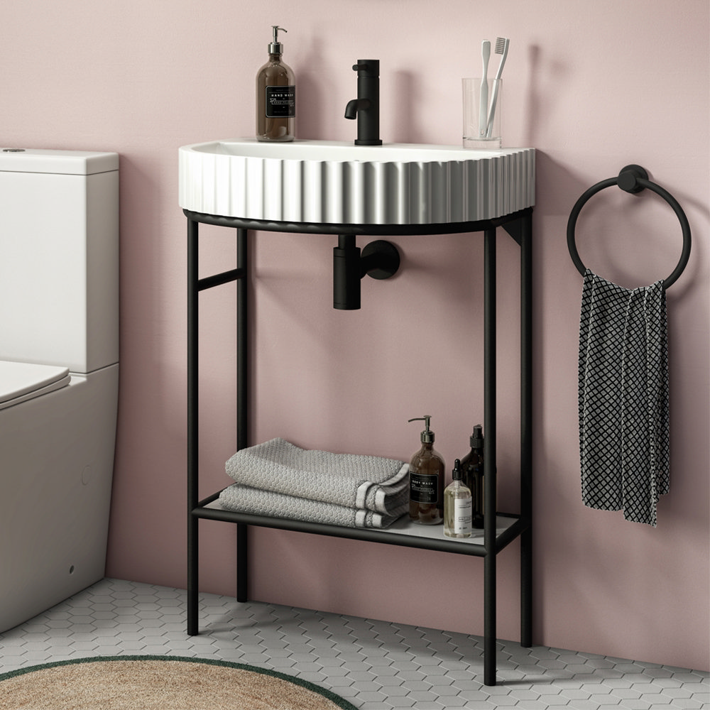 Arezzo D Shape Matt Black Washstand with Gloss White Open Shelf