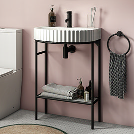 Arezzo D Shaped Matt Black Washstand with Gloss White Open Shelf and Fluted Basin Large Image