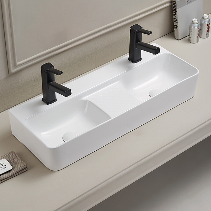 Arezzo Double Bowl Wall Mounted Basin - 810mm - 1 Tap Hole per Bowl  Feature Large Image