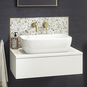 Arezzo Floating Basin Shelf with Drawer - Matt White - 600mm inc. Curved Rectangular Basin Large Ima