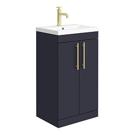 Arezzo Floor Standing Vanity Unit - Matt Blue - 500mm with Industrial Style Brushed Brass Handles La