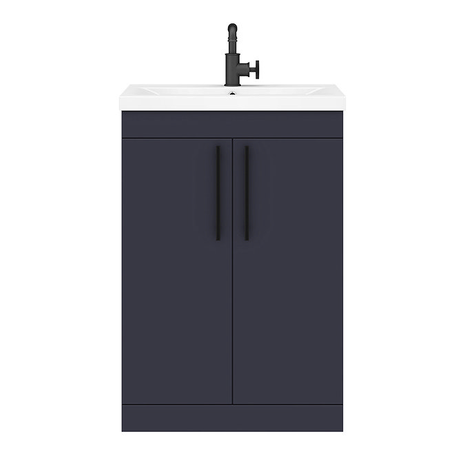 Arezzo Floor Standing Vanity Unit - Matt Blue - 600mm with Industrial Style Black Handles  In Bathroom Large Image