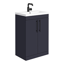 Arezzo Floor Standing Vanity Unit - Matt Blue - 600mm with Industrial Style Black Handles Medium Ima