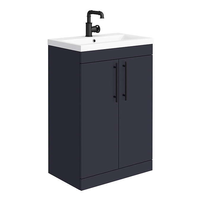 Arezzo Floor Standing Vanity Unit - Matt Blue - 600mm with Industrial Style Black Handles Large Imag