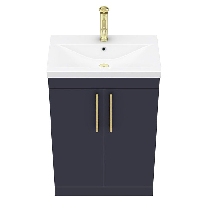 Arezzo Floor Standing Vanity Unit - Matt Blue - 600mm with Industrial Style Brushed Brass Handles  In Bathroom Large Image