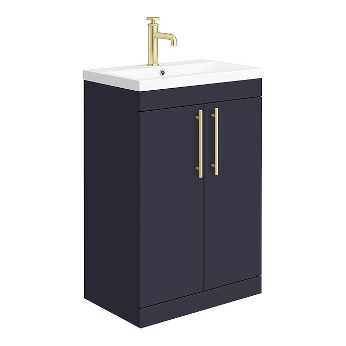 Arezzo Floor Standing Vanity Unit - Matt Blue - 600mm with Industrial Style Brushed Brass Handles La