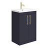 Arezzo Floor Standing Vanity Unit - Matt Blue - 600mm with Industrial Style Brushed Brass Handles La