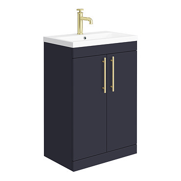Arezzo Floor Standing Vanity Unit - Matt Blue - 600mm with Industrial Style Brushed Brass Handles  P
