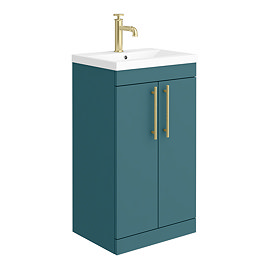 Arezzo Floor Standing Vanity Unit - Matt Green - 500mm with Industrial Style Brushed Brass Handles L