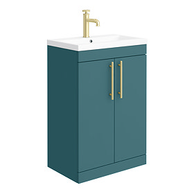 Arezzo Floor Standing Vanity Unit - Matt Green - 600mm with Industrial Style Brushed Brass Handles L