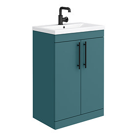 Arezzo Floor Standing Vanity Unit - Matt Green - 600mm with Industrial Style Matt Black Handles Larg