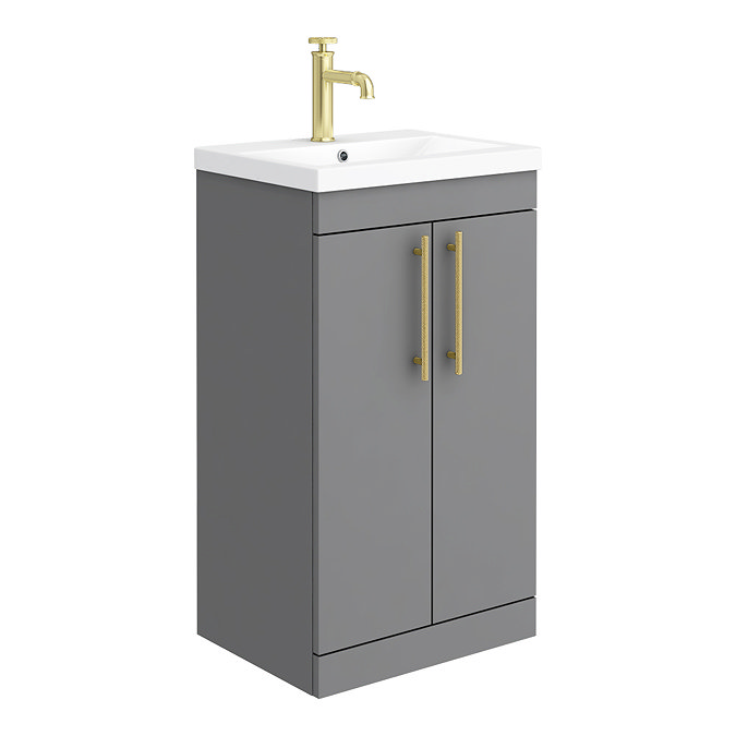 Arezzo Floor Standing Vanity Unit - Matt Grey - 500mm with Industrial Style Brushed Brass Handles La