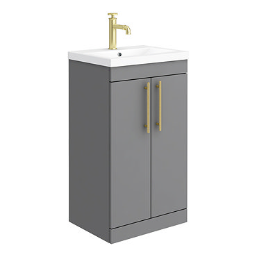 Arezzo Floor Standing Vanity Unit - Matt Grey - 500mm with Industrial Style Brushed Brass Handles  Profile Large Image