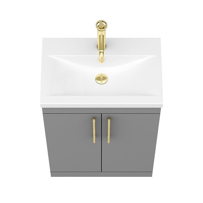 Arezzo Floor Standing Vanity Unit - Matt Grey - 600mm with Industrial Style Brushed Brass Handles  In Bathroom Large Image