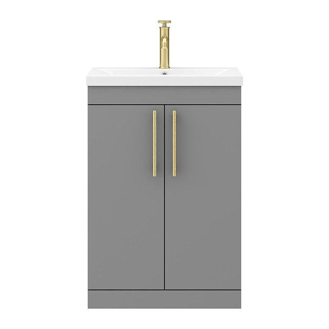 Arezzo Floor Standing Vanity Unit - Matt Grey - 600mm with Industrial Style Brushed Brass Handles  additional Large Image