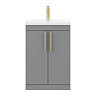 Arezzo Floor Standing Vanity Unit - Matt Grey - 600mm with Industrial Style Brushed Brass Handles  additional Large Image