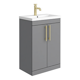 Arezzo Floor Standing Vanity Unit - Matt Grey - 600mm with Industrial Style Brushed Brass Handles Me
