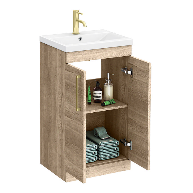 Arezzo Floor Standing Vanity Unit - Rustic Oak - 500mm with Brushed Brass Handles  Feature Large Ima