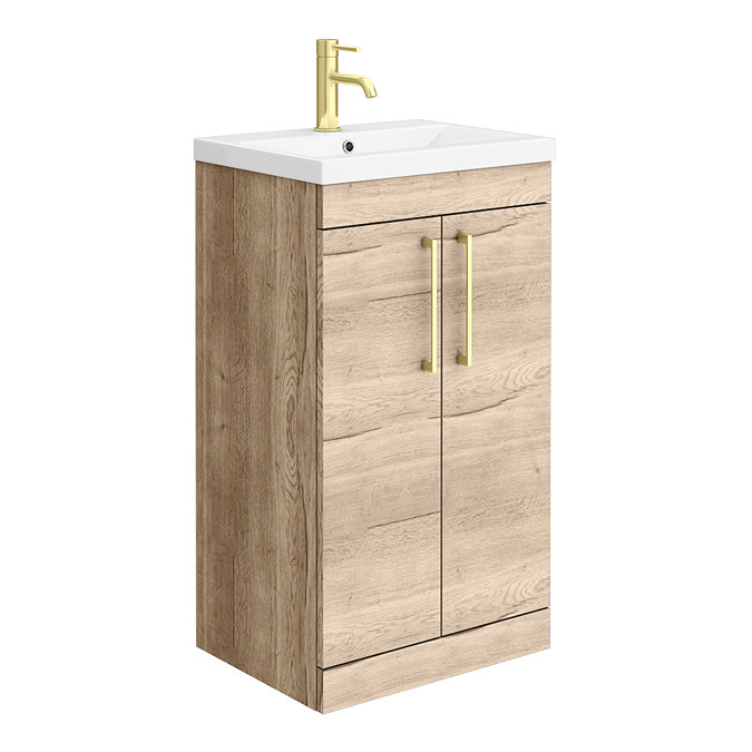 Arezzo Floor Standing Vanity Unit - Rustic Oak - 500mm with Brushed Brass Handles Large Image