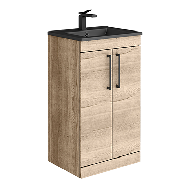 Arezzo Floor Standing Vanity Unit - Rustic Oak - 500mm with Matt Black Slimline Basin + Handles